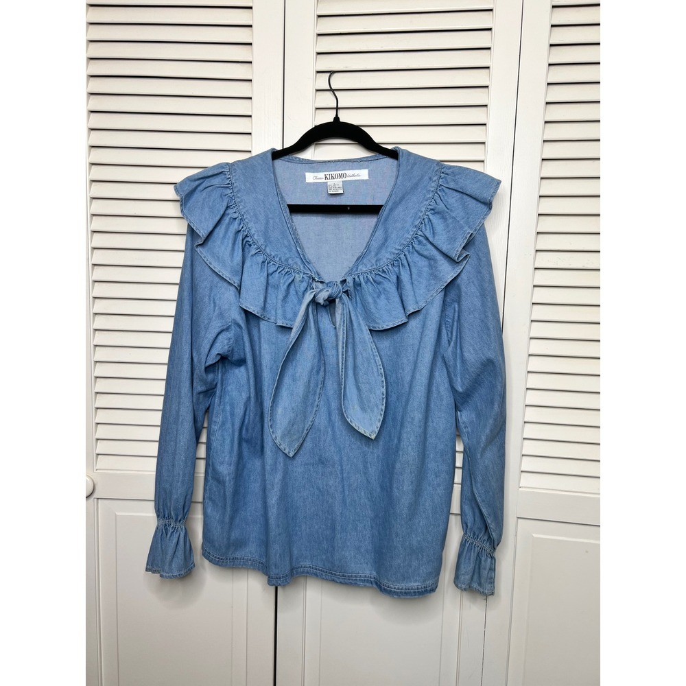 Kikomo Chambray Blouse Women's L Butter Mom Ruffle Collar Tie Neck